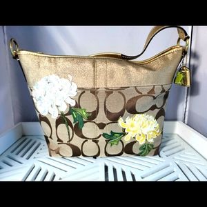 Coach Signature Stripe purse w/flower applique